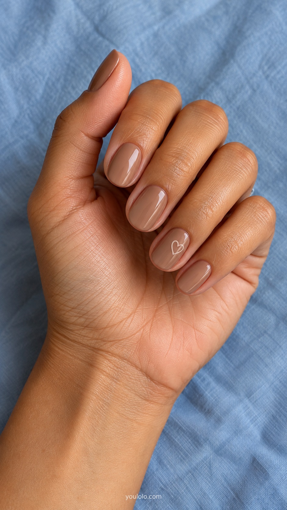 Biscuit Micro Hearts — short oval biscuit beige brown nails one tiny ivory outline heart on ring nail only