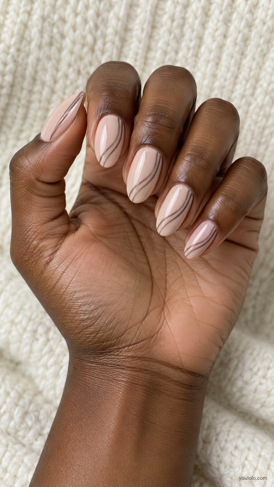 Taupe Double Side Lines — medium almond sheer beige base two thin parallel cool taupe curves along one side of each nail