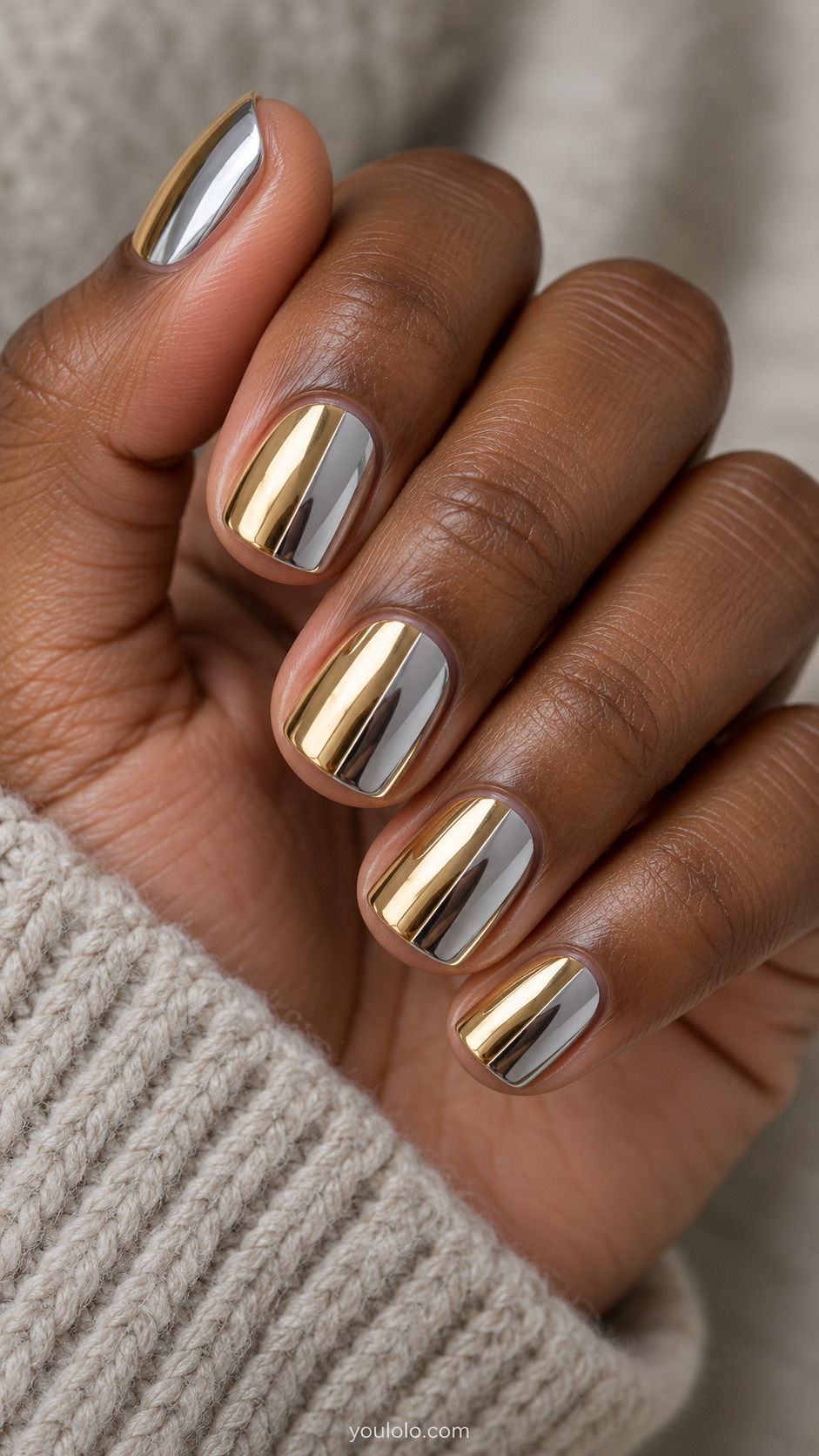 Mixed-Metal Chrome Half Nails on a naturally gathered feminine hand showing the nail finish