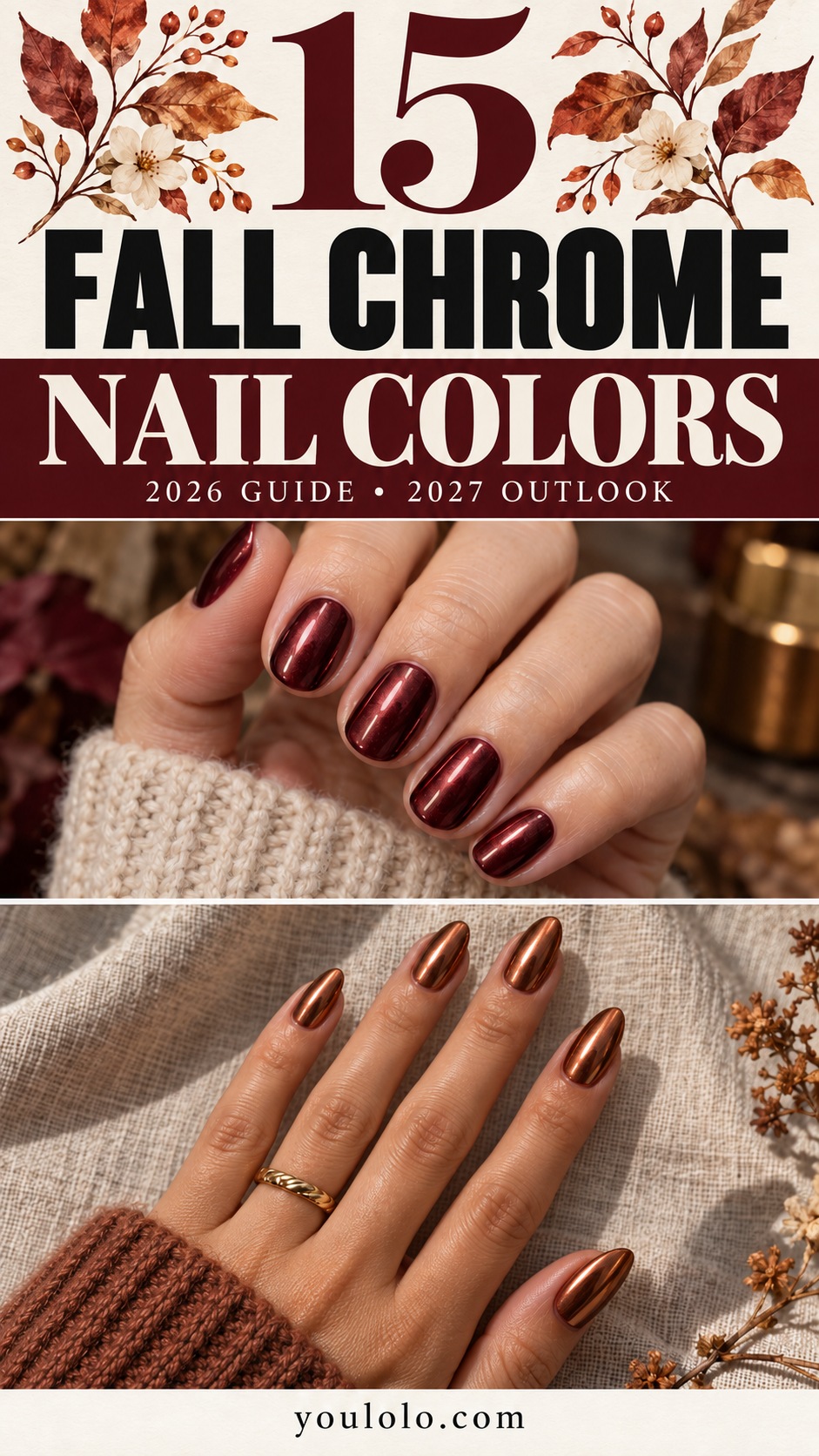 15 fall chrome nail colors: burgundy and copper manicure cover