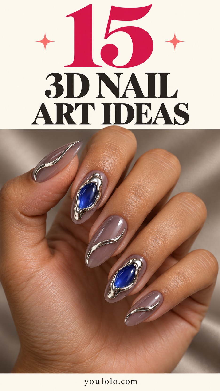 15 3D nail art ideas with a liquid-silver and blue sculpted manicure
