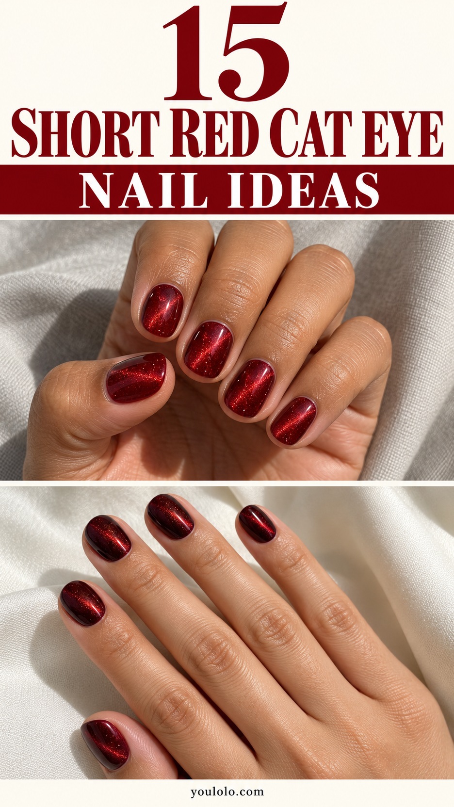 Short Red Cat Eye Nails inspiration with realistic magnetic manicure designs