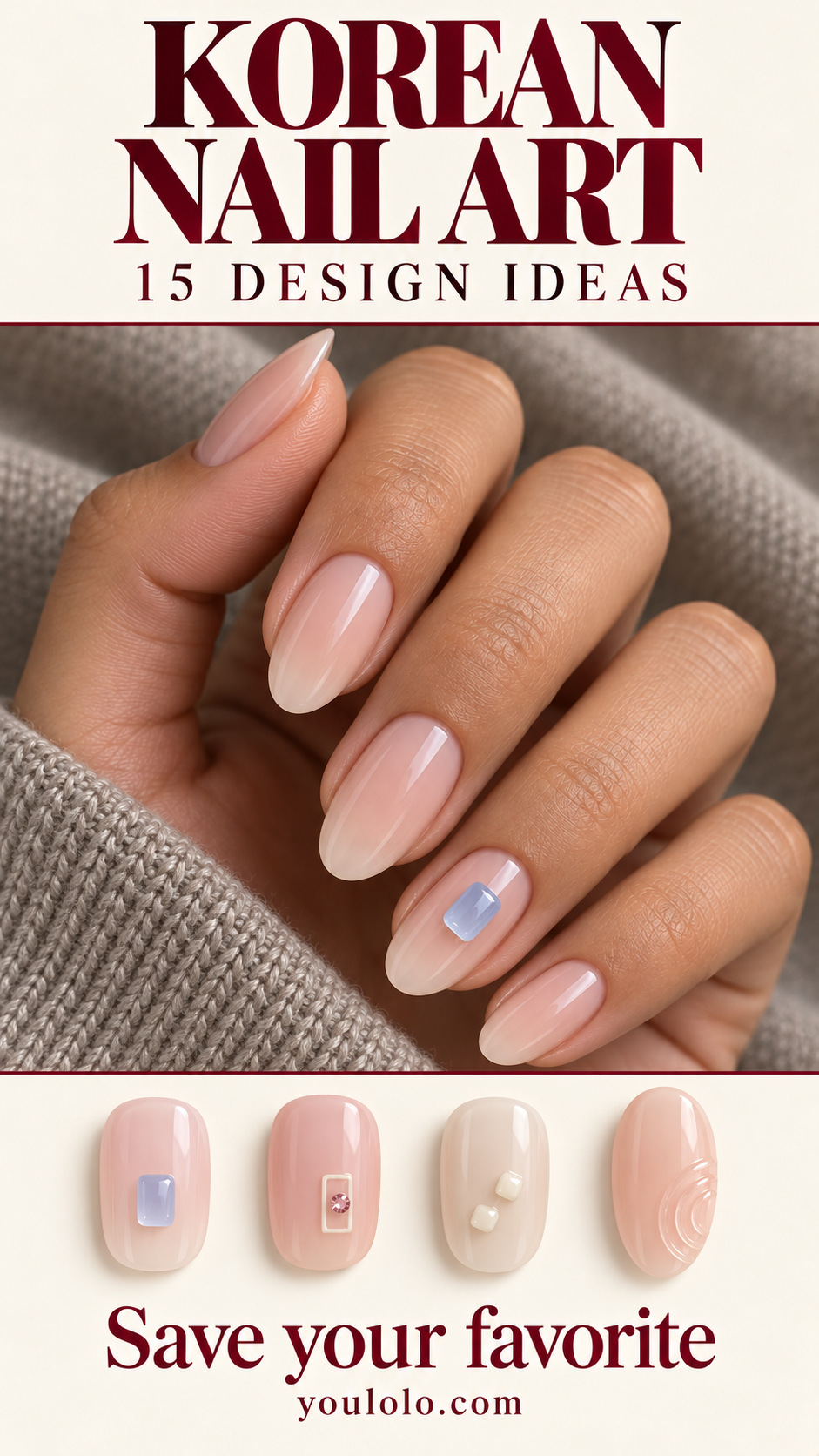 Korean Nail Art editorial cover with 15 design ideas and soft blue jelly tile manicure