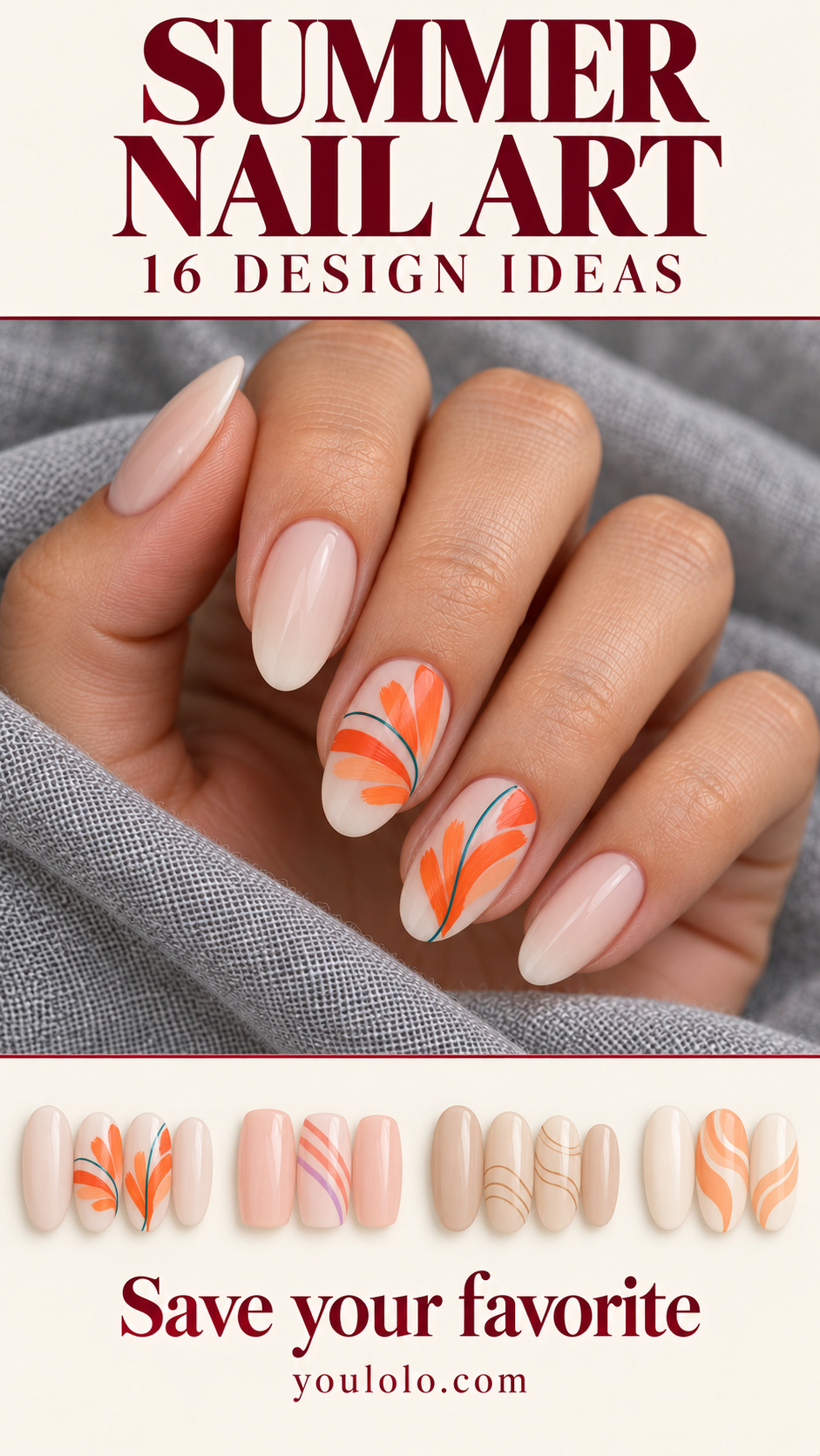 Summer Nail Art editorial cover with 16 design ideas and papaya brush fan manicure