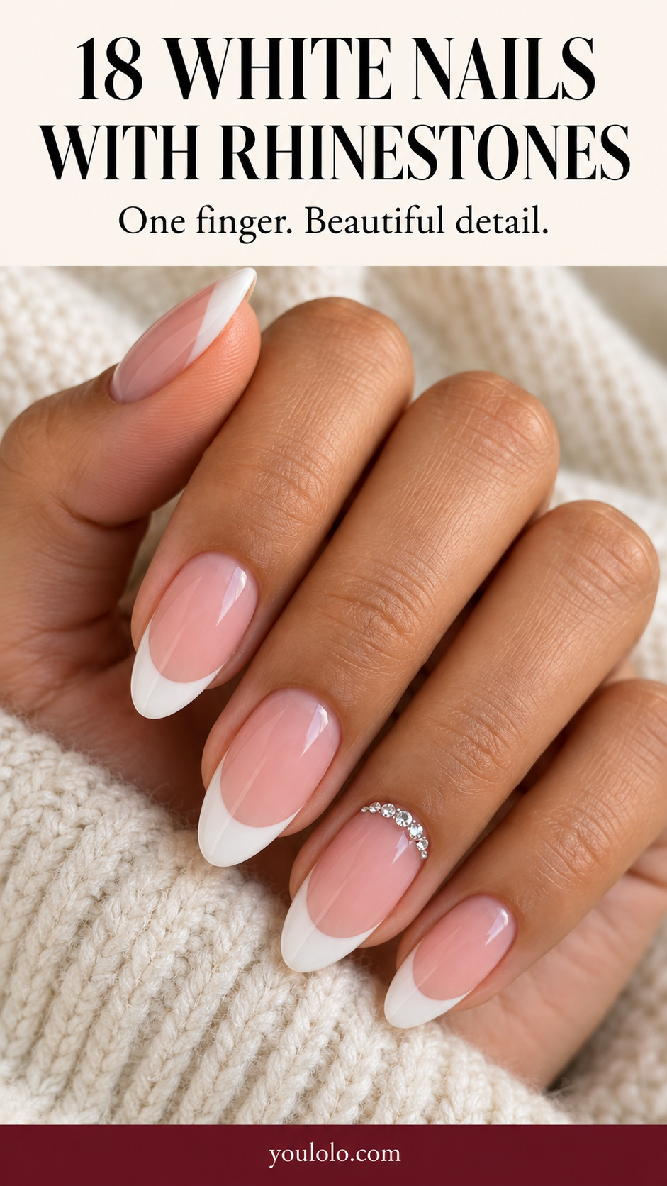 18 White Nails with Rhinestones on One Finger editorial cover for Youlolo