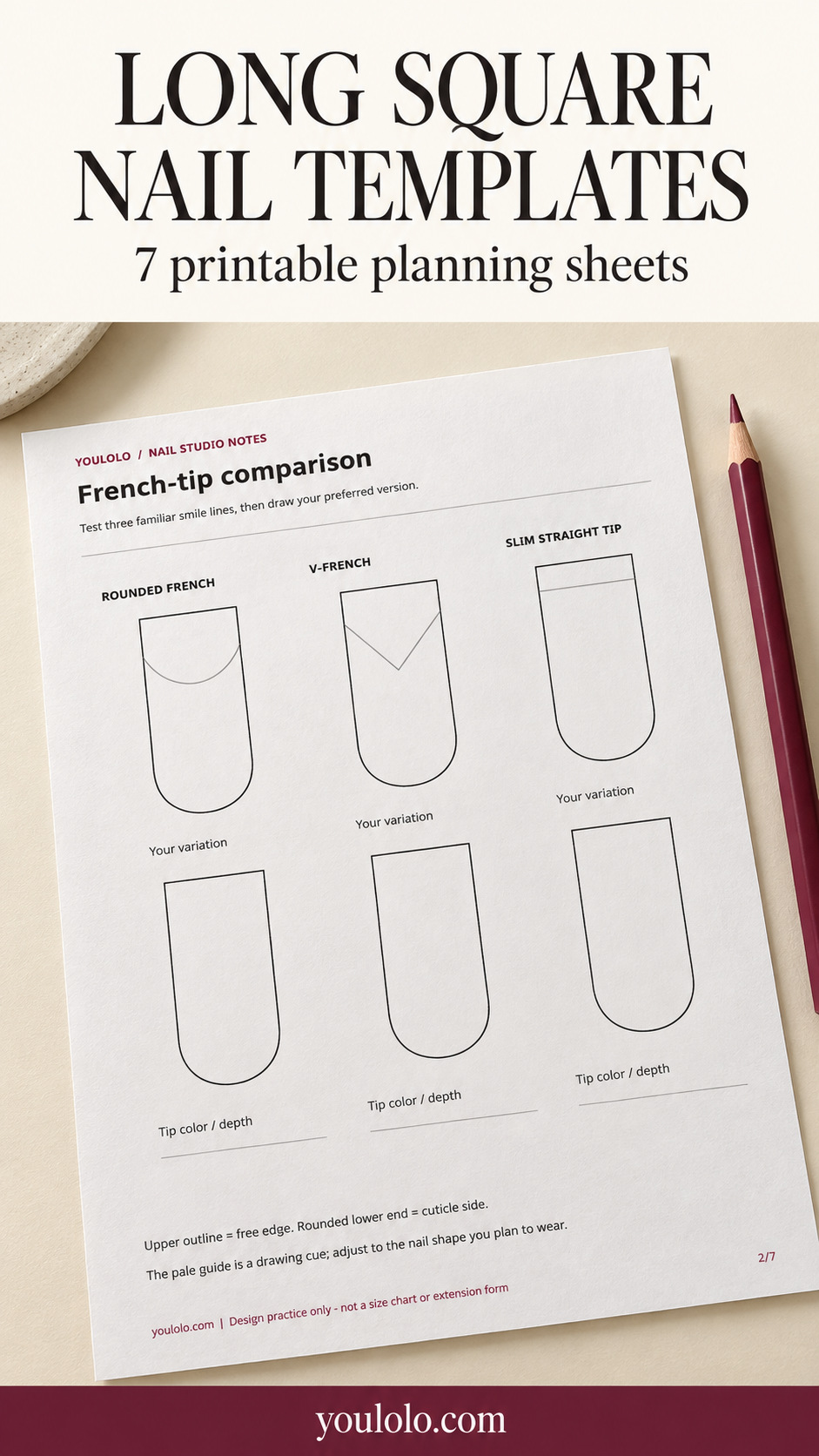 Long Square Nail Templates: 7 Printable Planning Sheets editorial cover for Youlolo