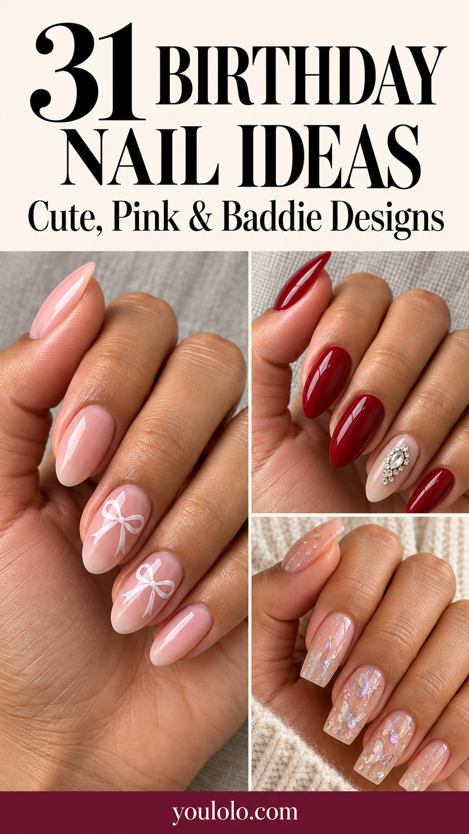 31 birthday nail ideas featuring pink bows, red crystal nails and iridescent butterfly designs