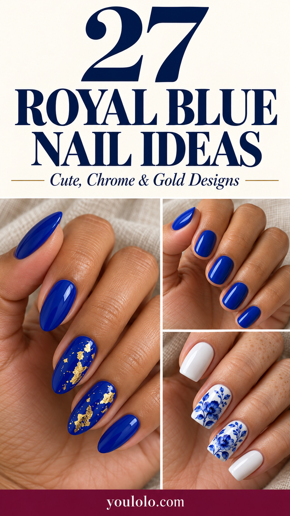 27 royal blue nail ideas featuring glossy short nails, gold foil and white porcelain floral designs