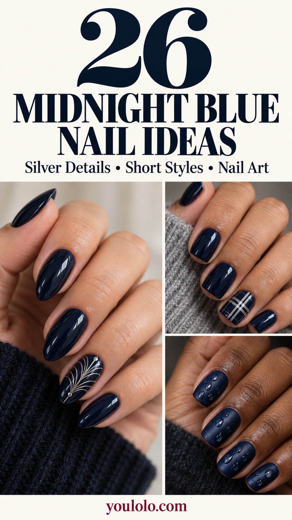 26 midnight blue nail ideas with silver Art Deco details, short tartan nails and satin raindrop accents