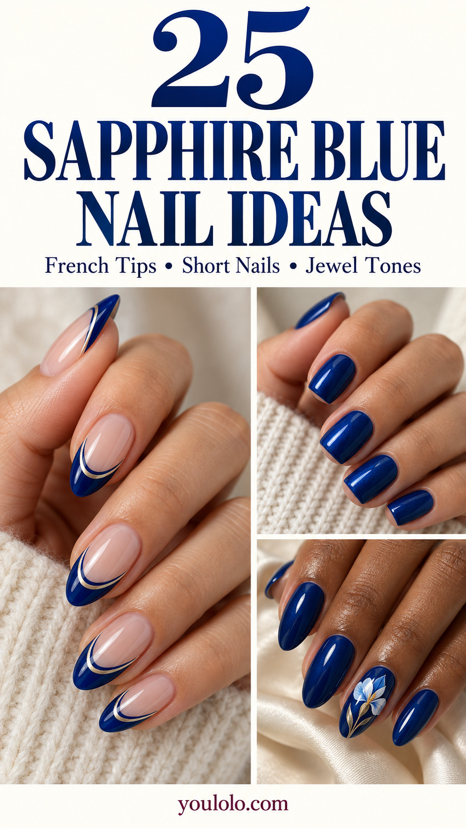 25 sapphire blue nail ideas featuring double French tips, short pearl nails and a white iris accent