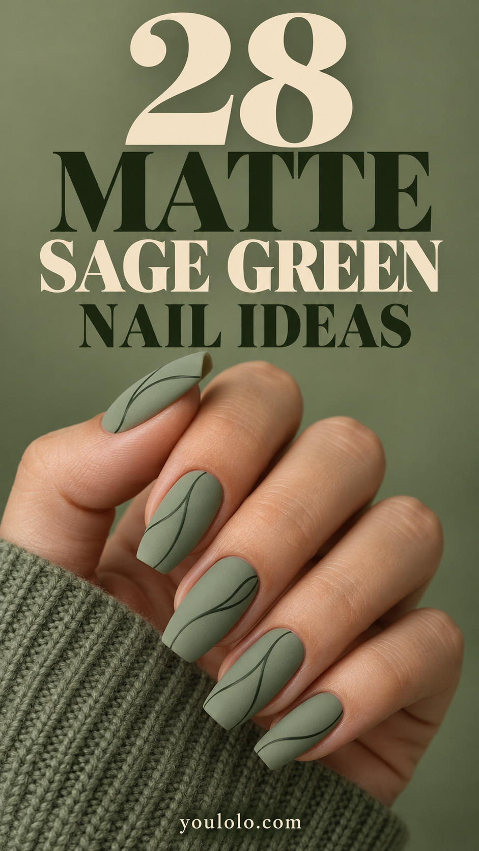 28 matte sage green nail ideas with fine charcoal contour lines on a softly gathered hand