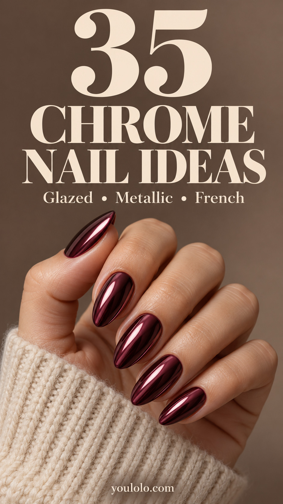35 chrome nail ideas with a deep burgundy mirror manicure on a softly gathered hand