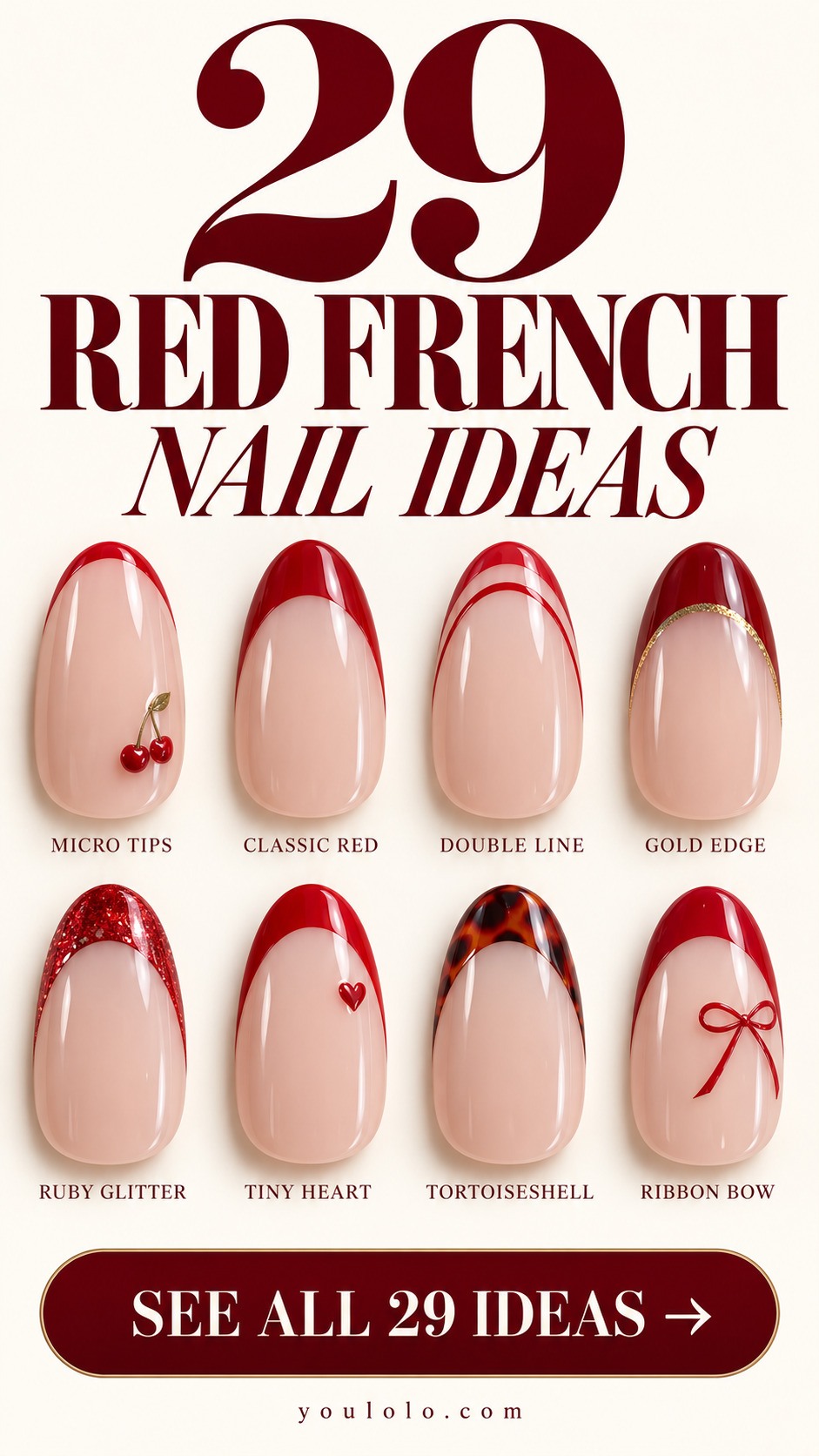 29 red french nails with a selection of nail art designs