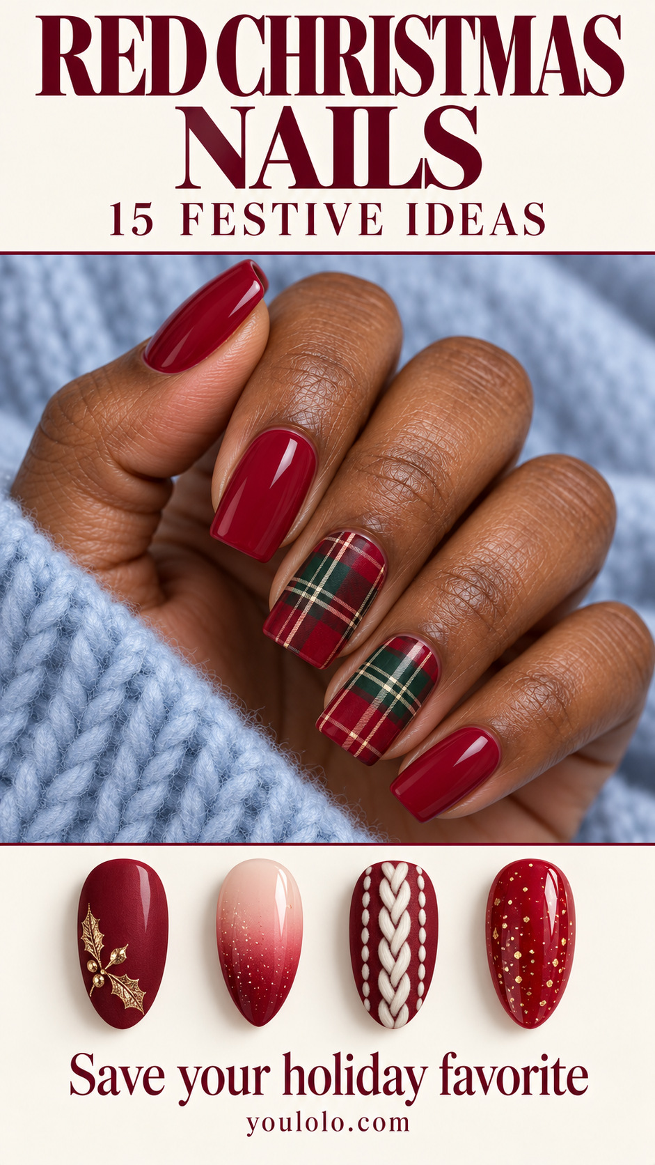 15 red Christmas nails with a scarlet tartan manicure and festive accent samples