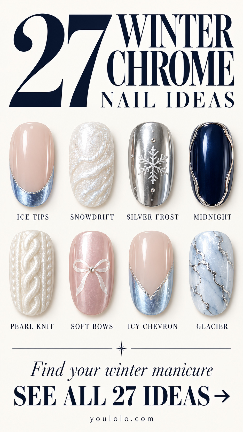 27 winter chrome nails with a selection of nail art designs