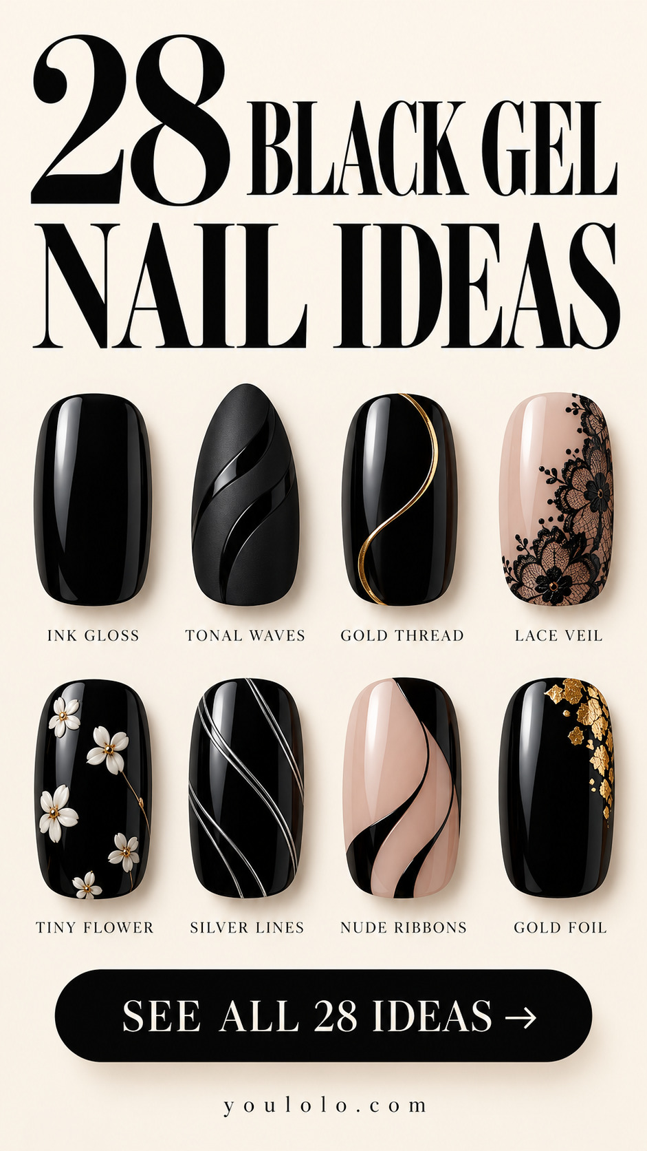 28 black gel nails with a selection of nail art designs
