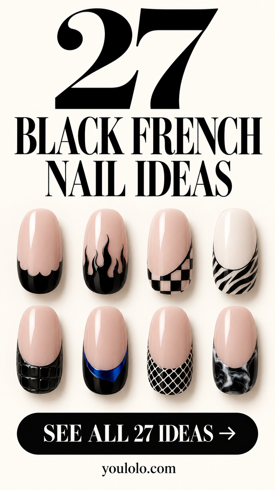 27 black french nails with a selection of nail art designs