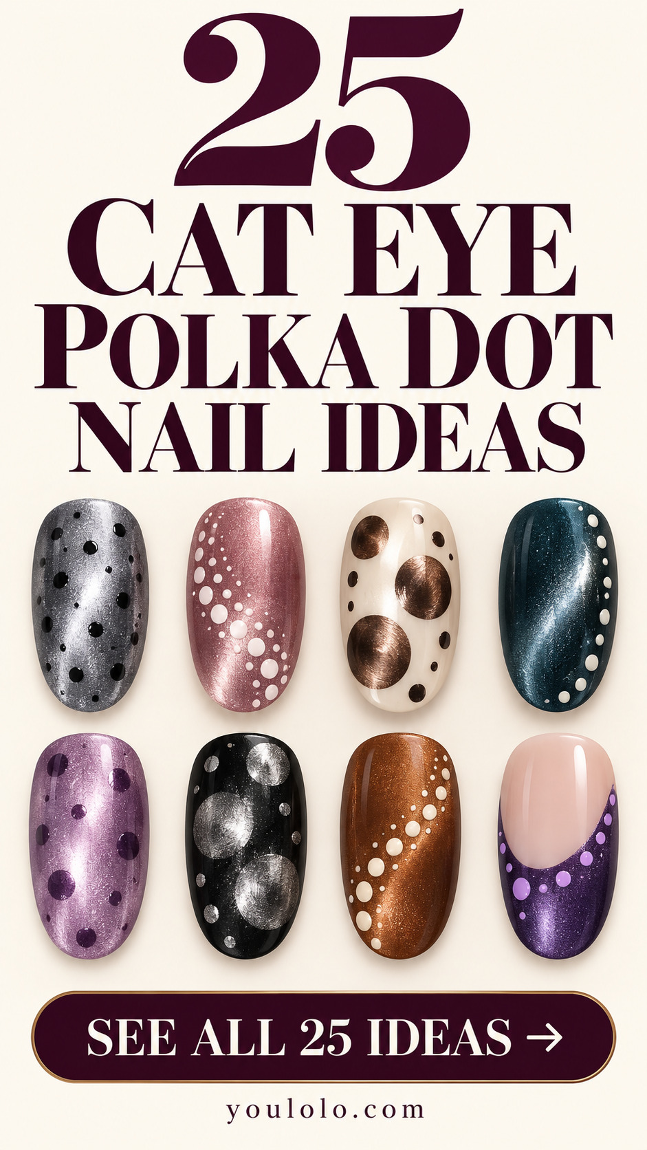 25 cat eye polka dot nails with a selection of nail art designs