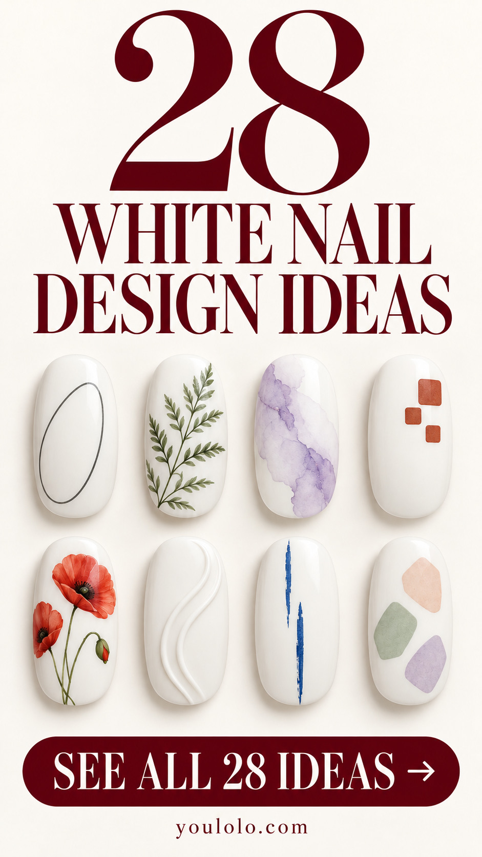 28 white nails with designs with a selection of nail art designs