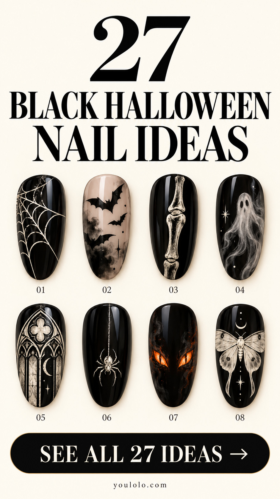 27 black halloween nails with a selection of nail art designs