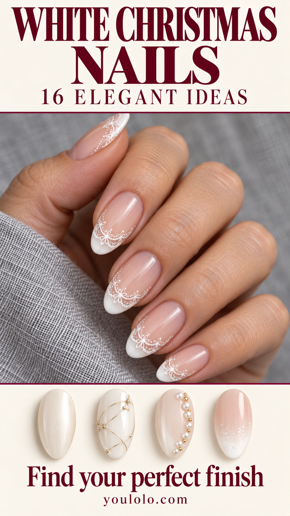 16 white Christmas nails with detailed white lace and different pale finishes