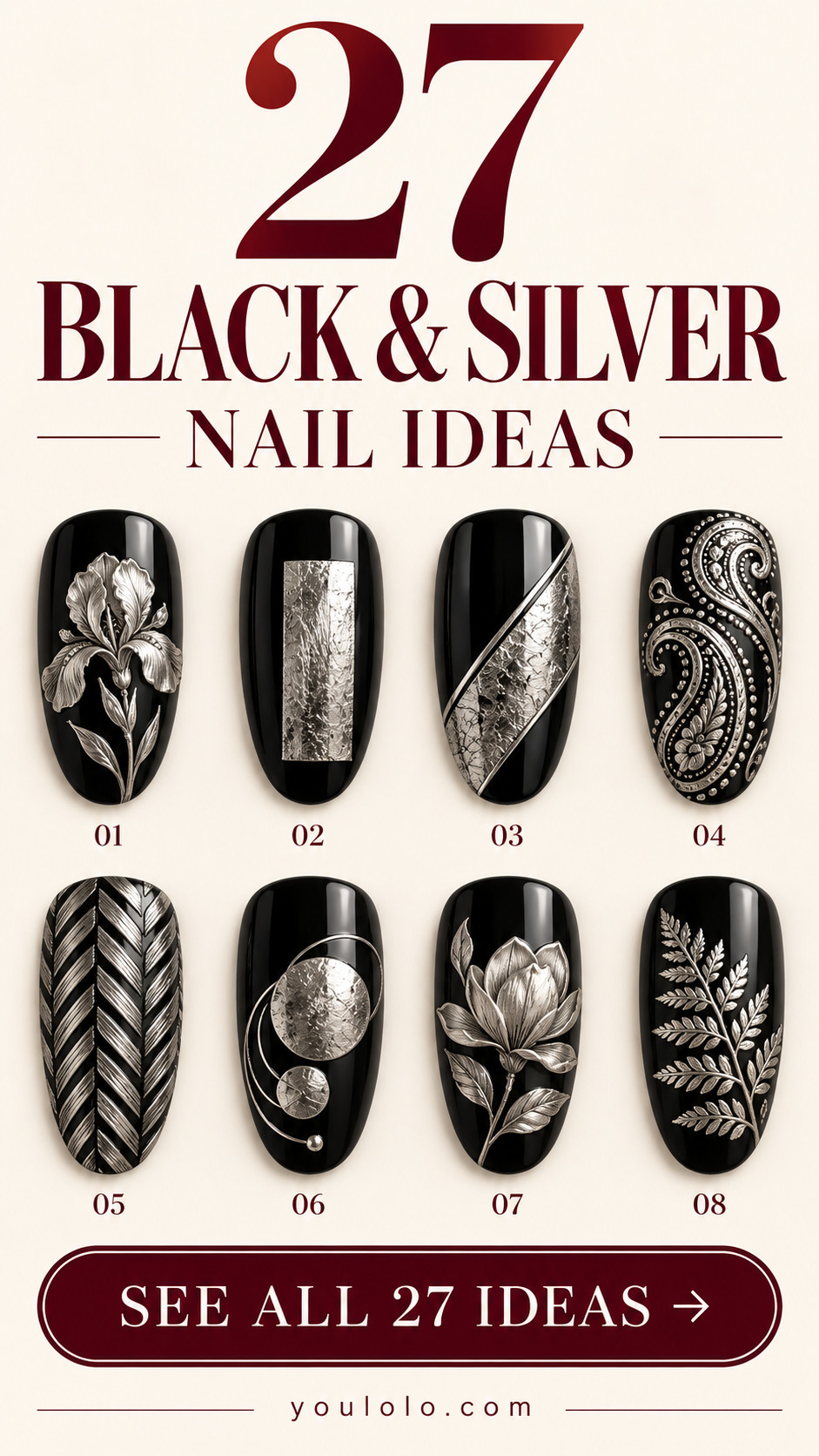 27 black and silver nails with a selection of nail art designs