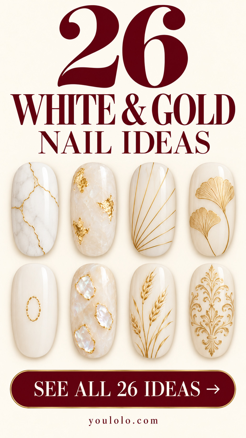 26 white and gold nails with a selection of nail art designs