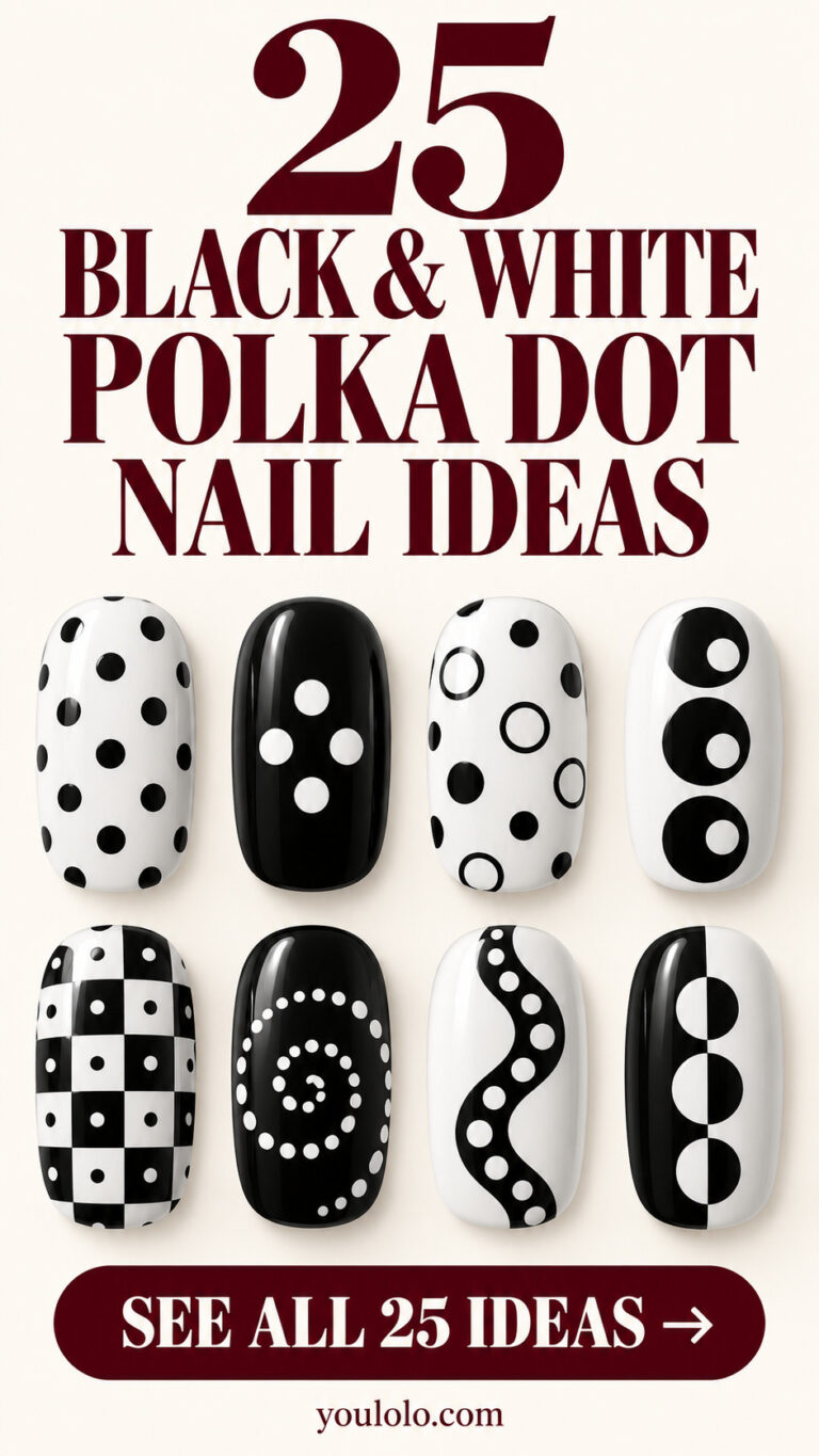 25 black and white polka dot nails with a selection of nail art designs