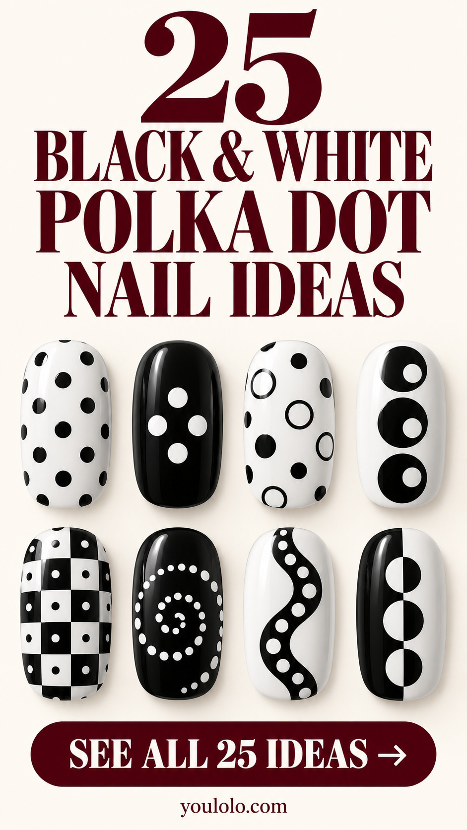 25 black and white polka dot nails with a selection of nail art designs