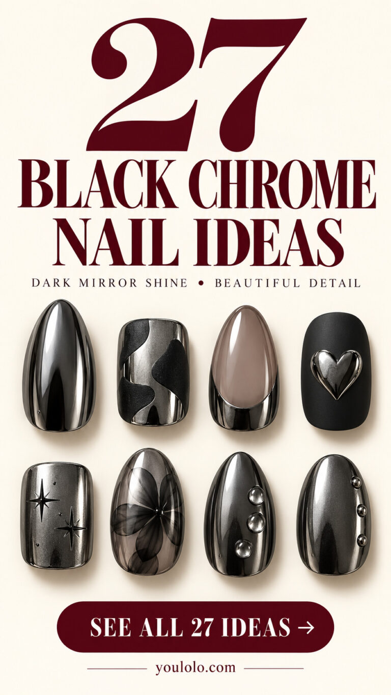 27 black chrome nails with a selection of nail art designs