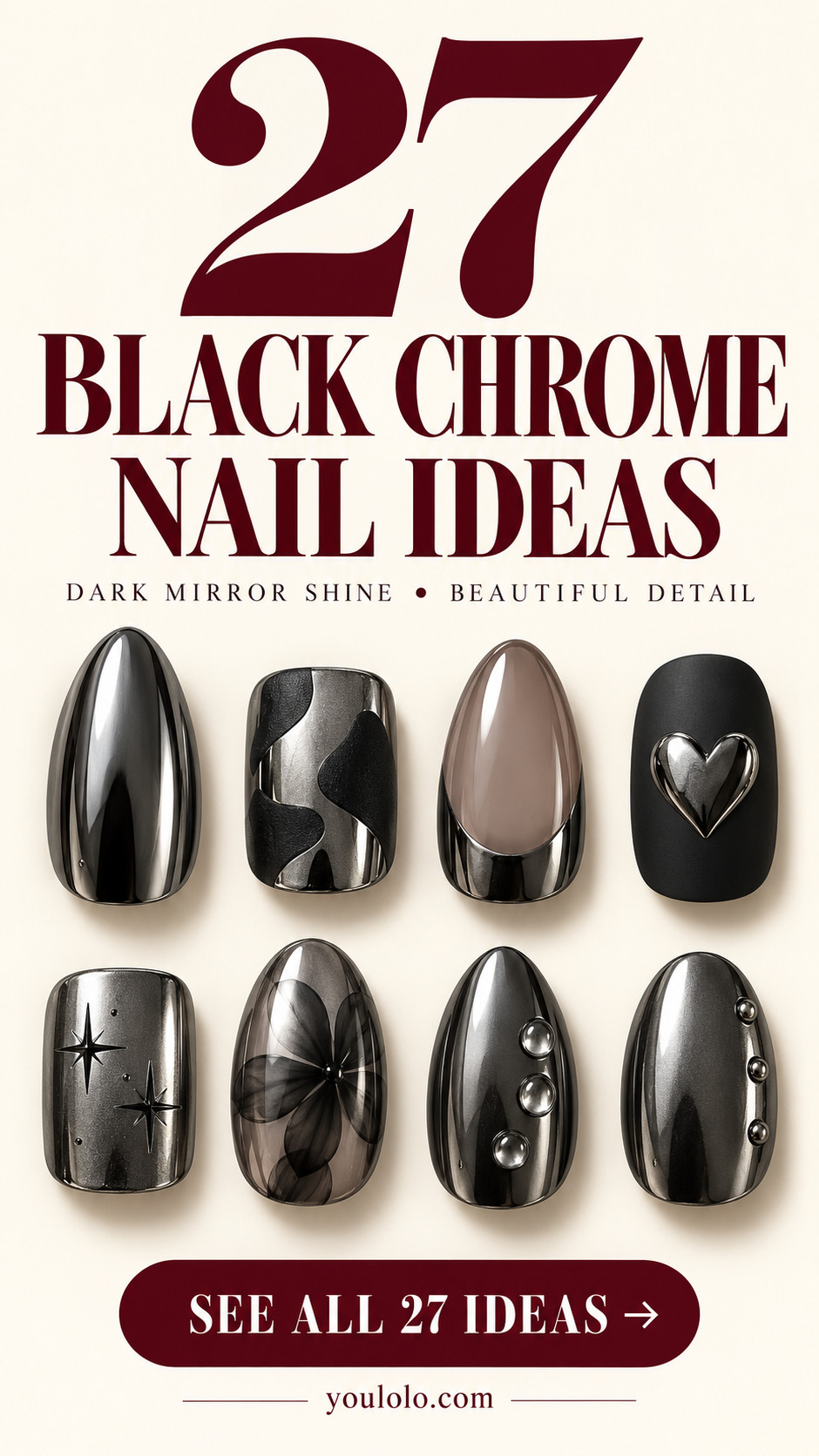 27 black chrome nails with a selection of nail art designs