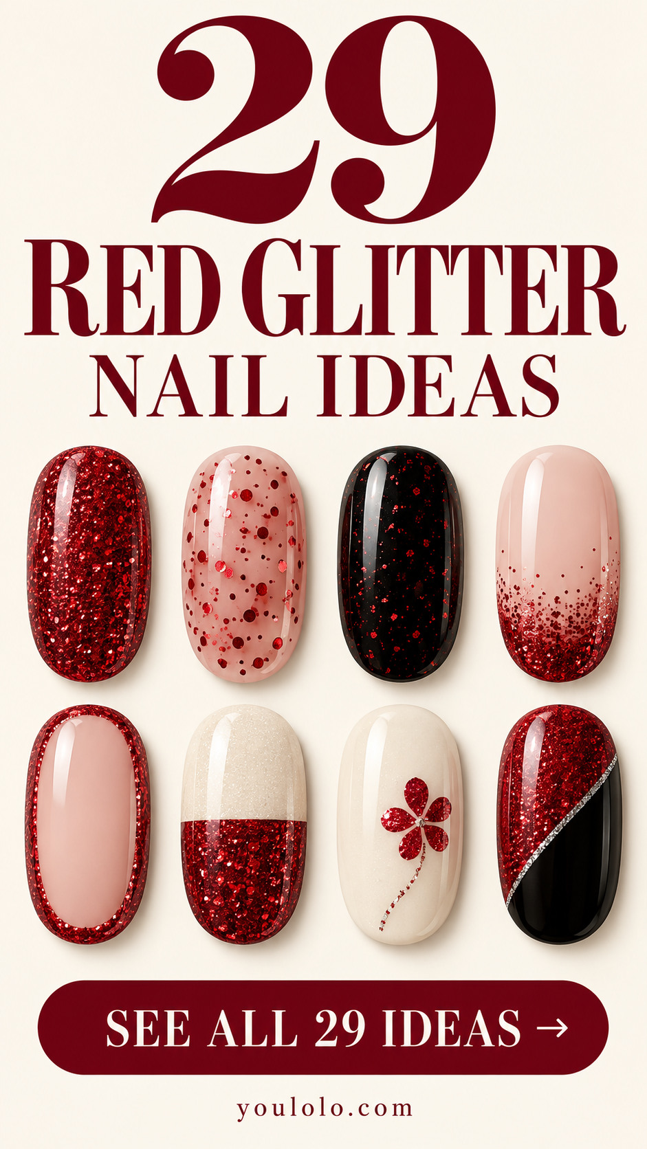 29 red glitter nails with a selection of nail art designs