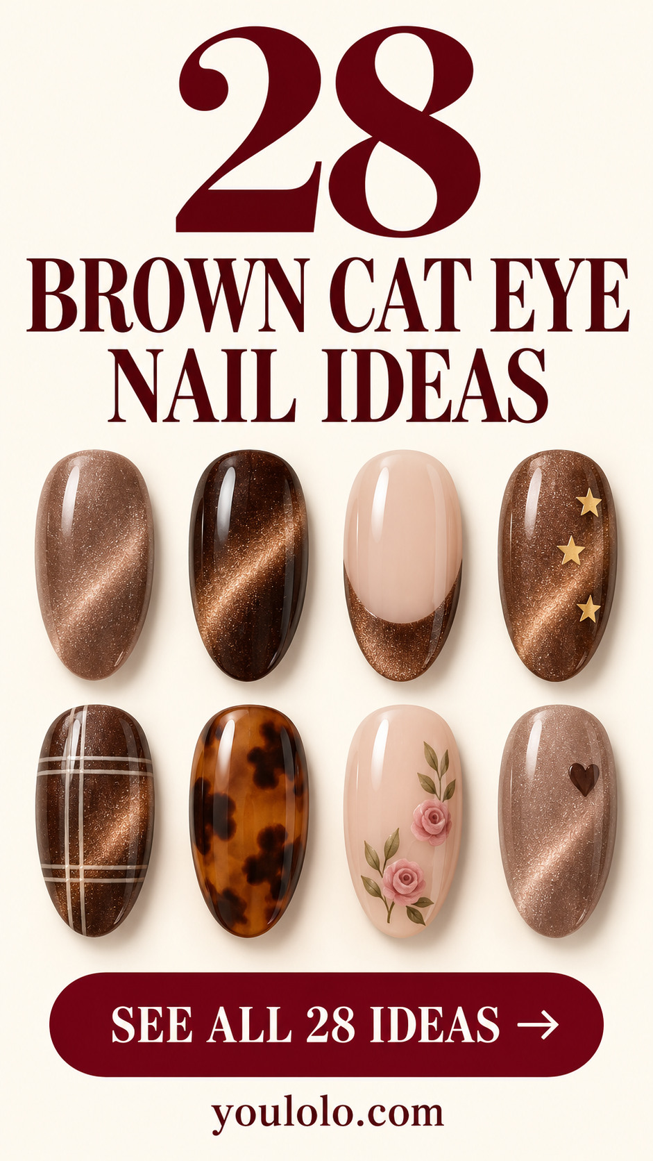 28 brown cat eye nails with a selection of nail art designs