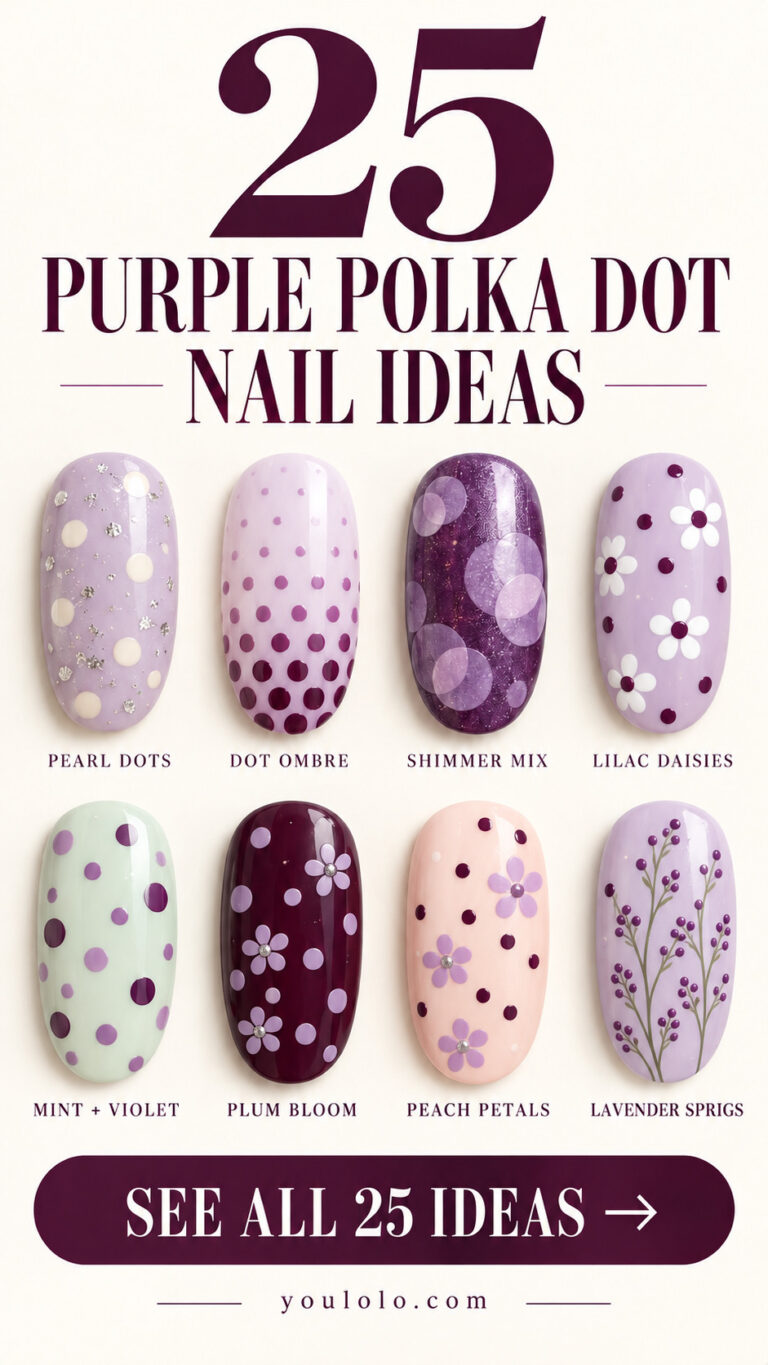25 purple polka dot nails with a selection of nail art designs