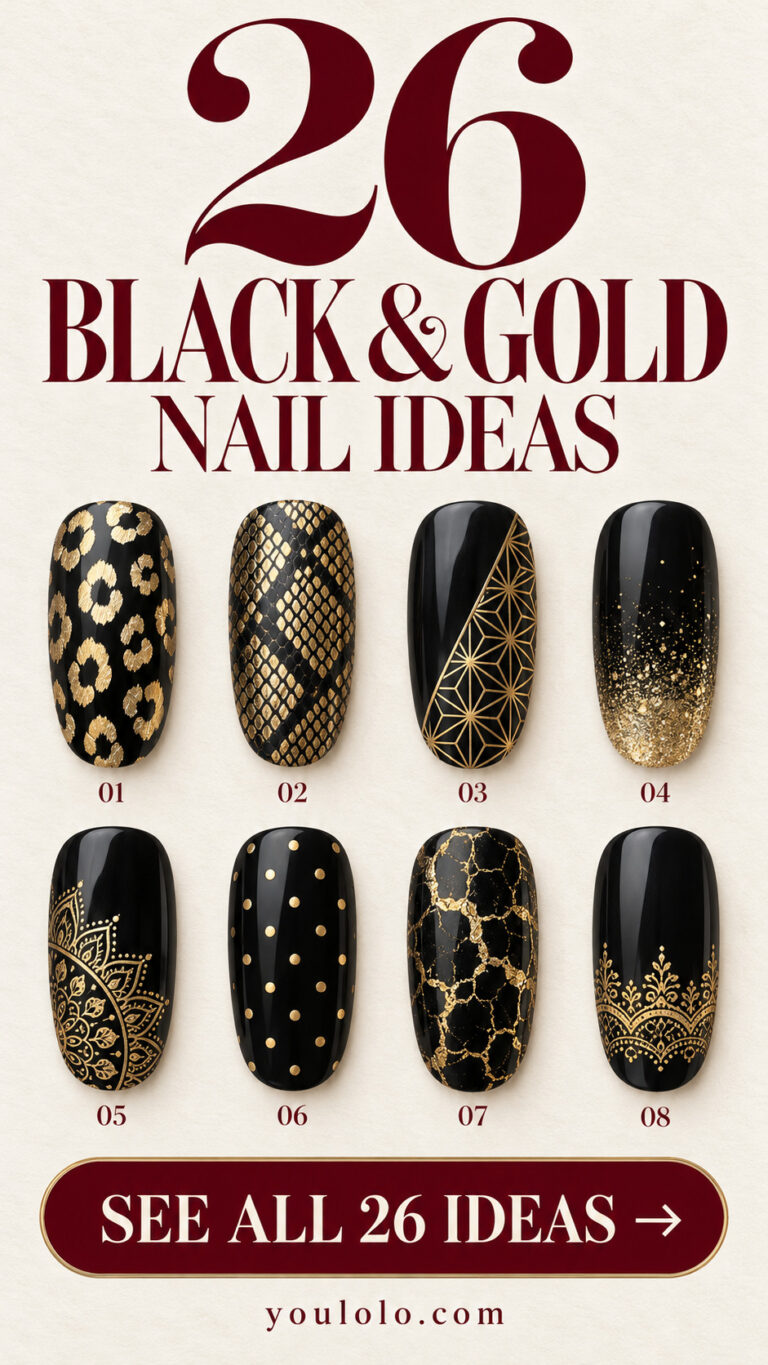 26 black and gold nails with a selection of nail art designs