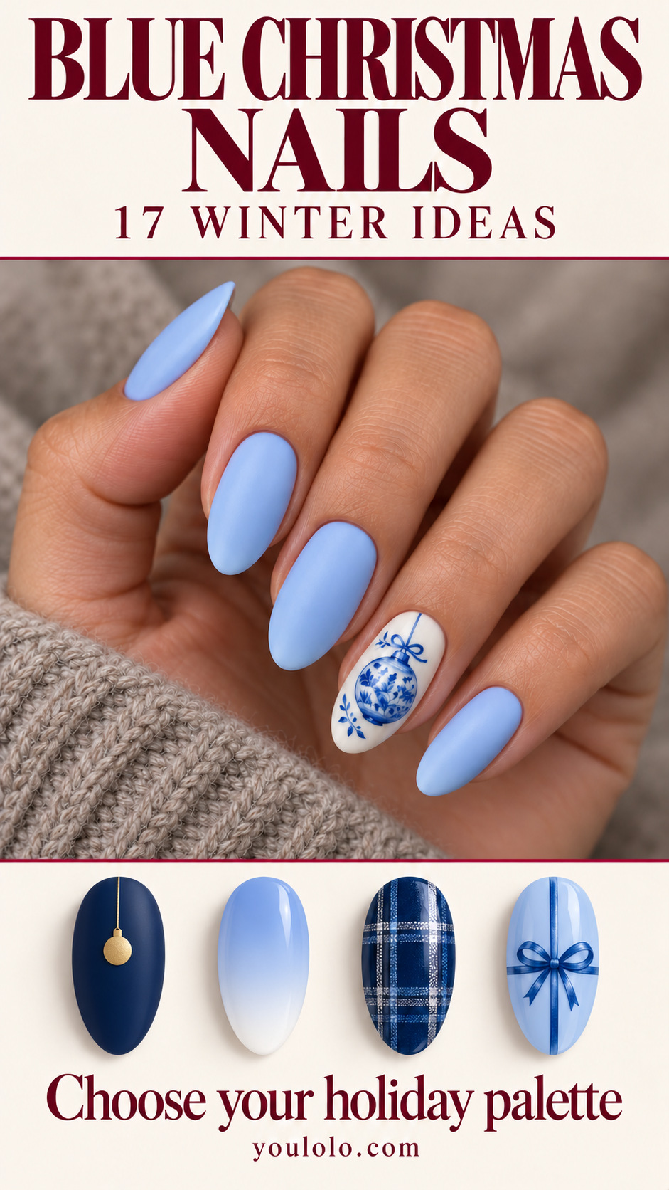 17 blue Christmas nails with a porcelain ornament accent and winter palette samples