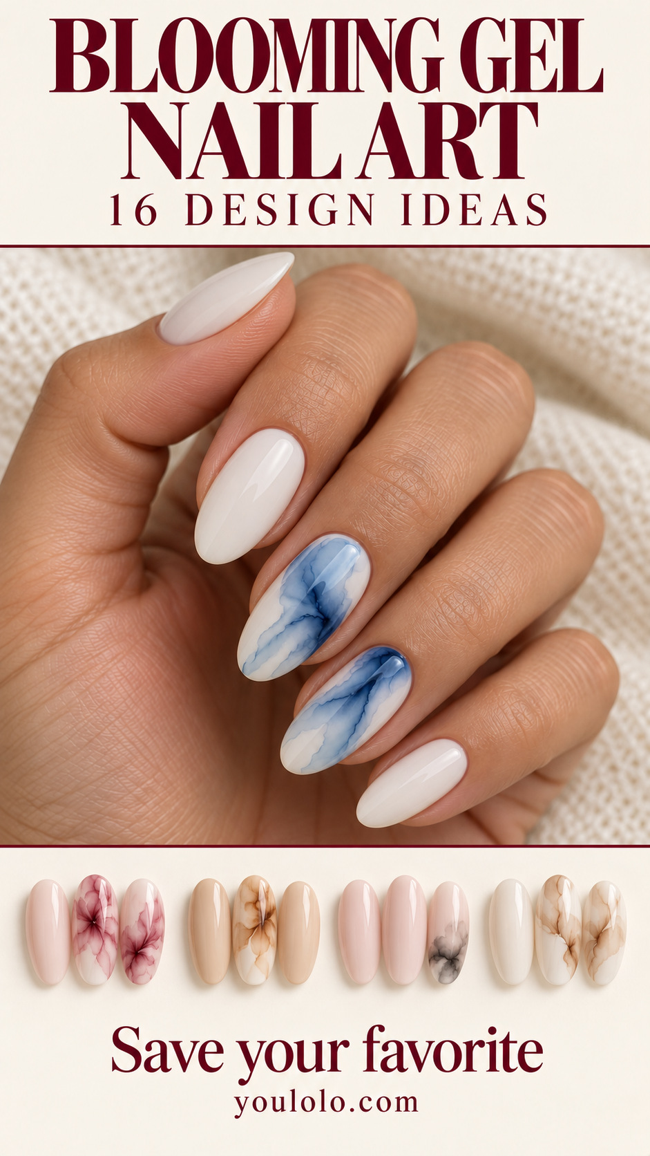 Blooming Gel Nail Art editorial cover with 16 design ideas and blue tide marble manicure