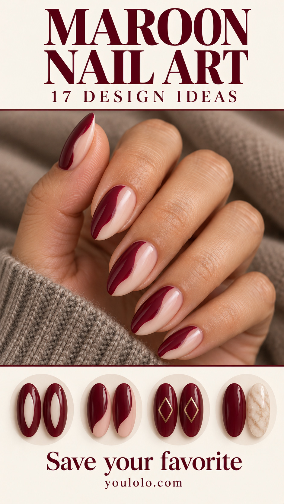Maroon Nail Art editorial cover with 17 design ideas and wine nude wavy split manicure