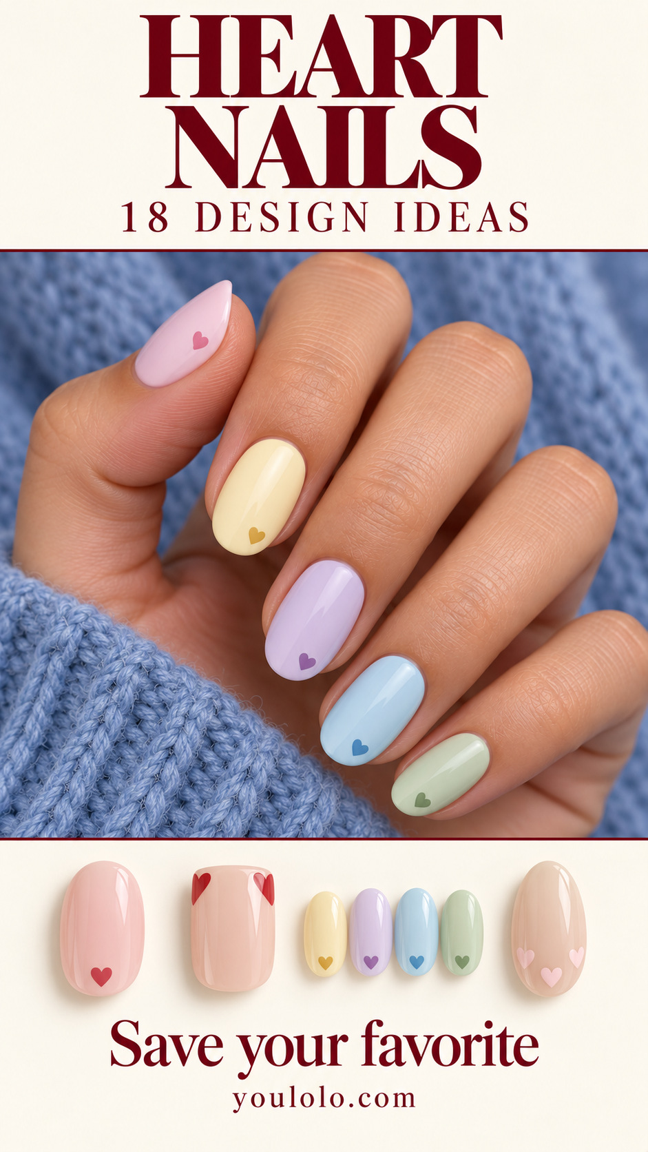 Heart Nails editorial cover with 18 design ideas and pastel heart skittle manicure